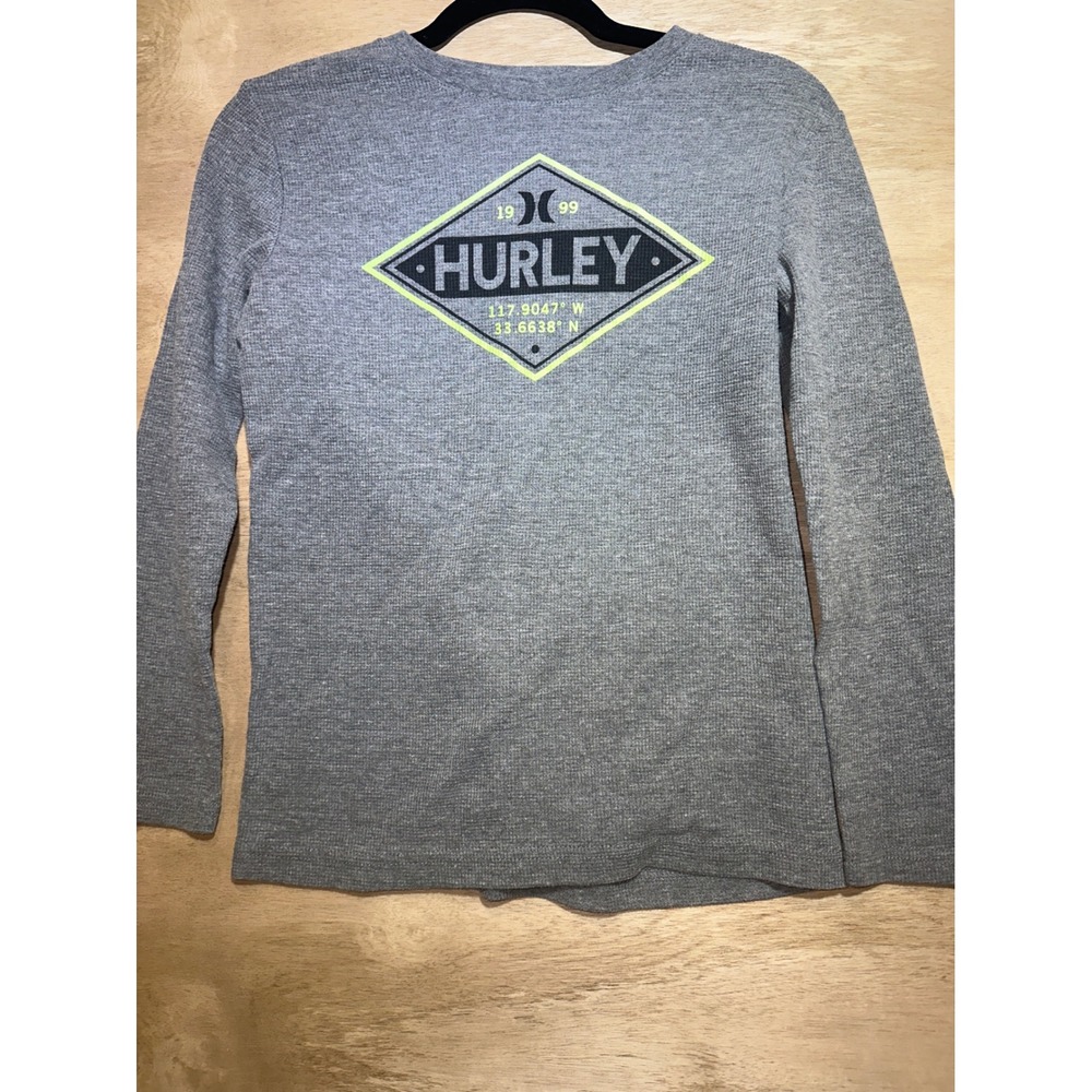 Hurley Boys Gray Waffle Knit Thermal Long Sleeve Graphic Logo Shirt Size 14/16